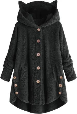 2024 Women's Plus Size Winter Coats Warm Fleece Jakcets Cute Casual Plush Fuzzy Button Hoodie Sweatshirt Loose Soft Outwear