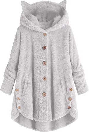 2024 Women's Plus Size Winter Coats Warm Fleece Jakcets Cute Casual Plush Fuzzy Button Hoodie Sweatshirt Loose Soft Outwear