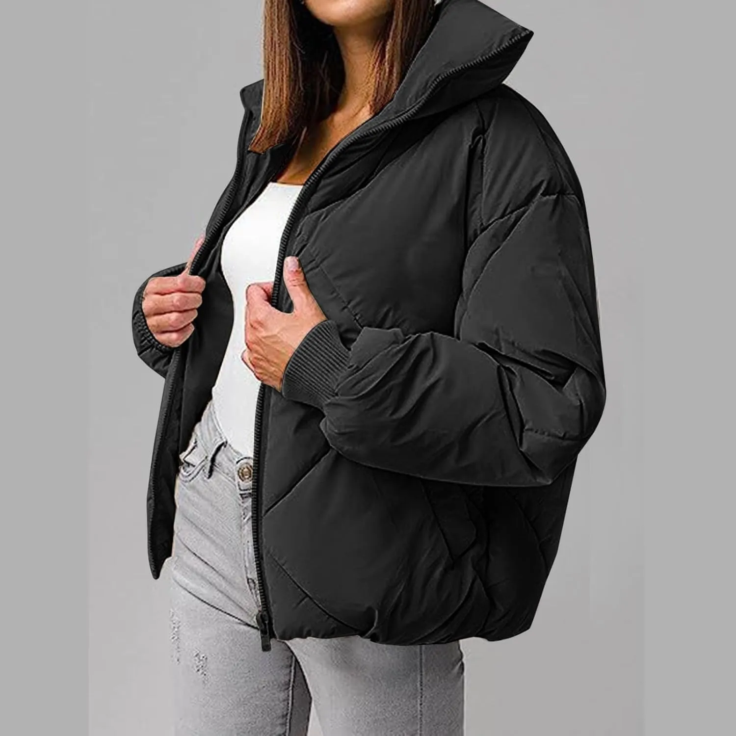 2024 Womens Winter Quilted Jackets Fashion Warm Short Puffer Jacket Trendy Down Coats Long Sleeve Full Zip Petite Outwear