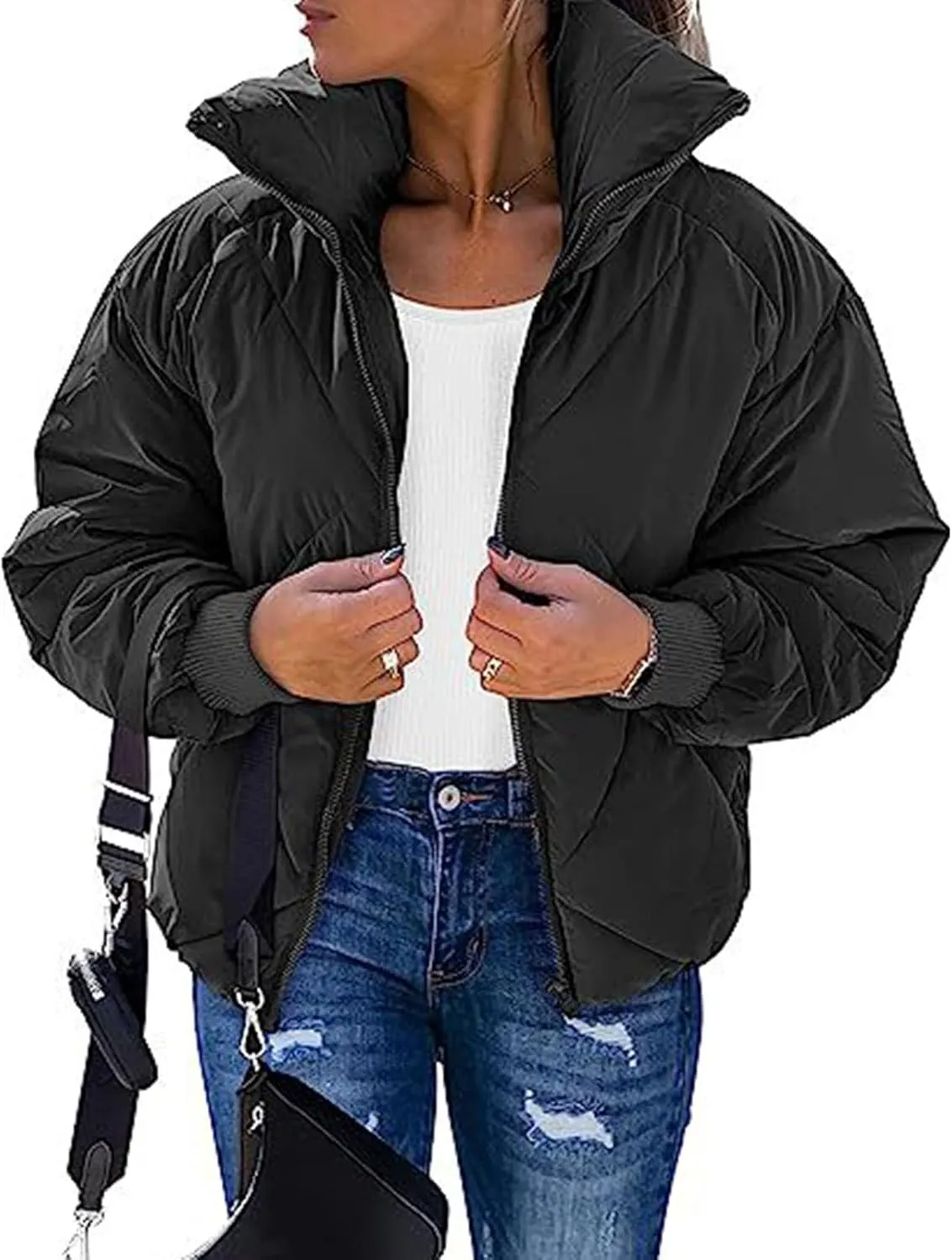 2024 Womens Winter Quilted Jackets Fashion Warm Short Puffer Jacket Trendy Down Coats Long Sleeve Full Zip Petite Outwear