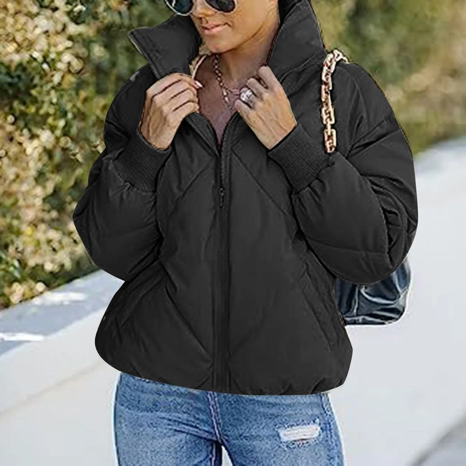 2024 Womens Winter Quilted Jackets Fashion Warm Short Puffer Jacket Trendy Down Coats Long Sleeve Full Zip Petite Outwear