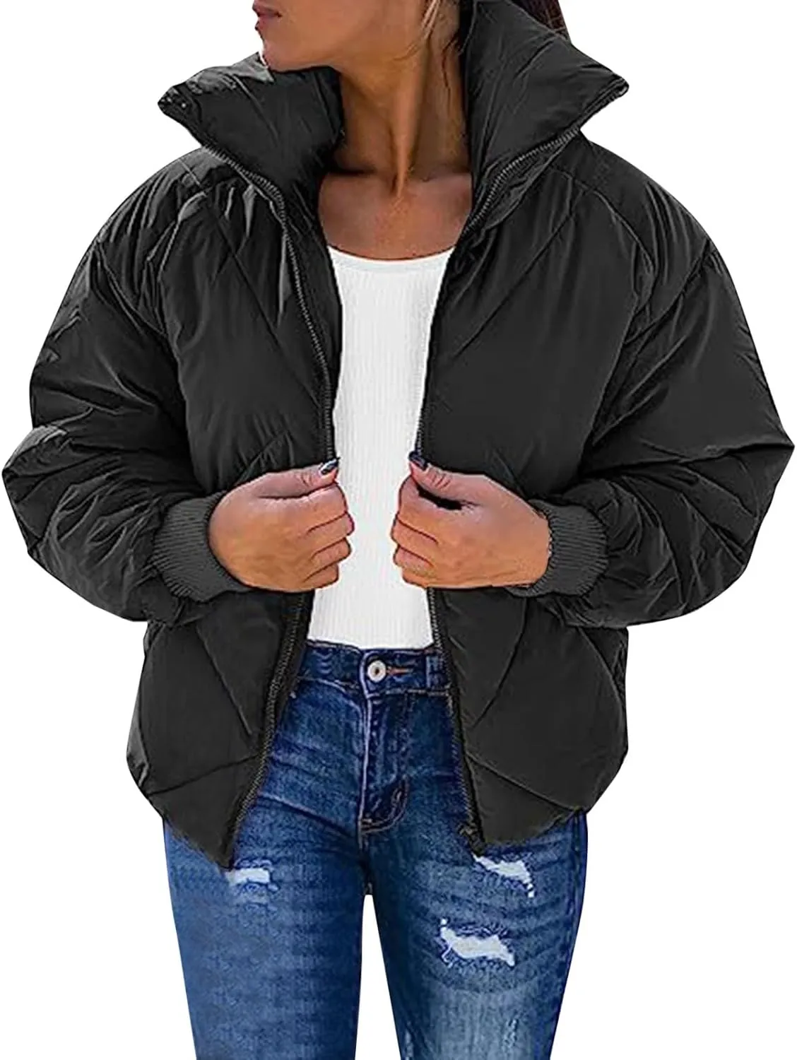 2024 Womens Winter Quilted Jackets Fashion Warm Short Puffer Jacket Trendy Down Coats Long Sleeve Full Zip Petite Outwear