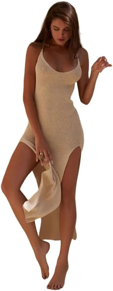 ALisasin Women Style Knitted Suspender Dress Lady Sleeveless Square Collar Side Slit Skirt Dress Vestidos Slim Hip Wrap Dress