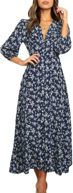 Beach Dresses for Women,2025 Spring Summer Trendy Floral Boho Dress,Elegant V Neck Flowy Ruched Vacation Maxidress