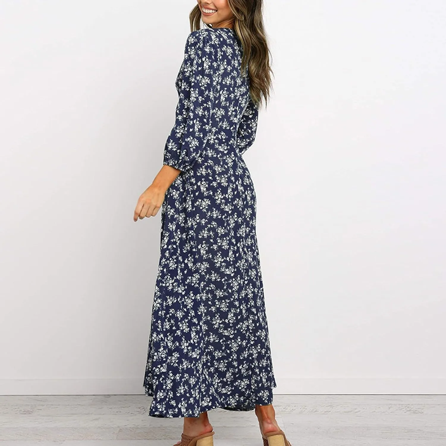 Beach Dresses for Women,2025 Spring Summer Trendy Floral Boho Dress,Elegant V Neck Flowy Ruched Vacation Maxidress