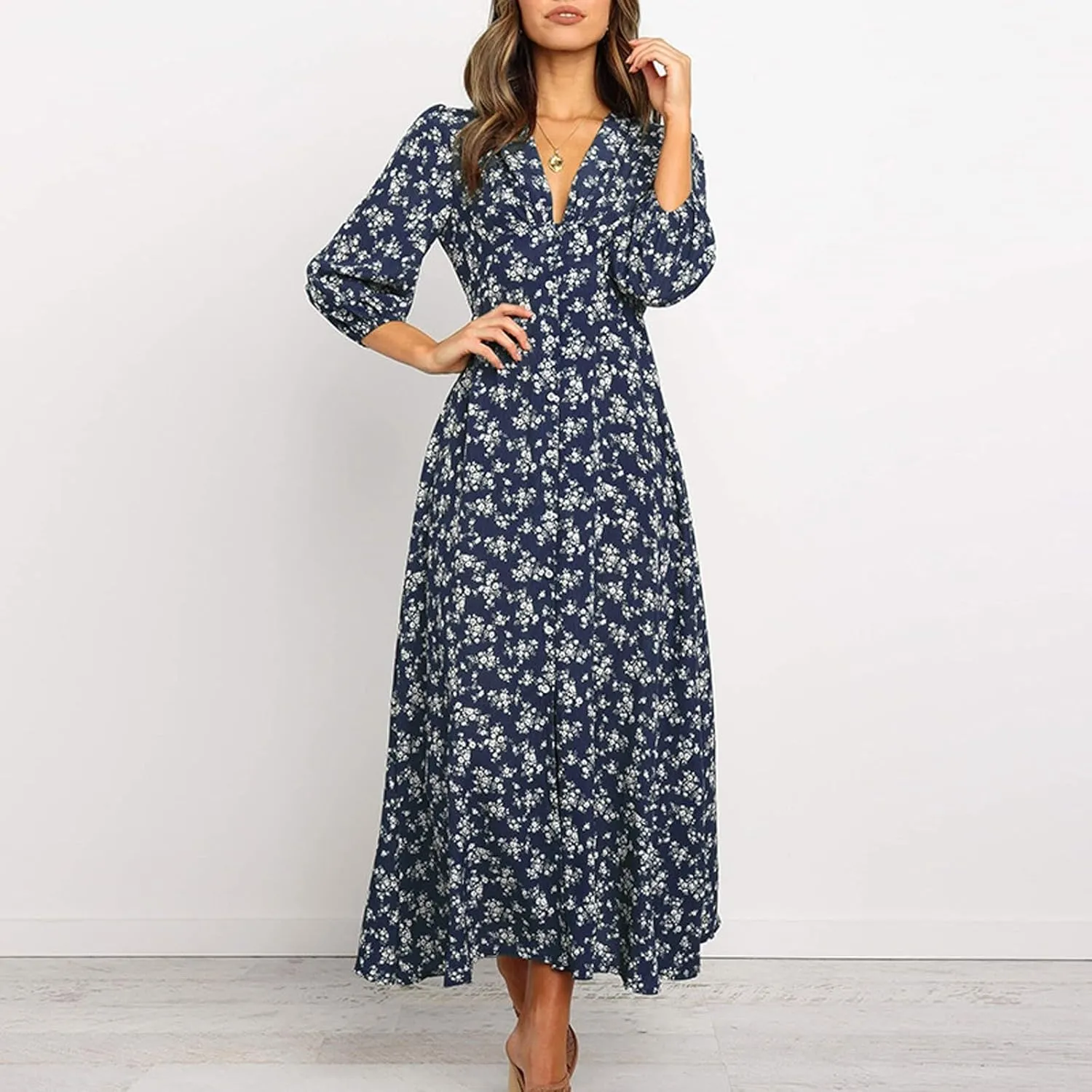 Beach Dresses for Women,2025 Spring Summer Trendy Floral Boho Dress,Elegant V Neck Flowy Ruched Vacation Maxidress