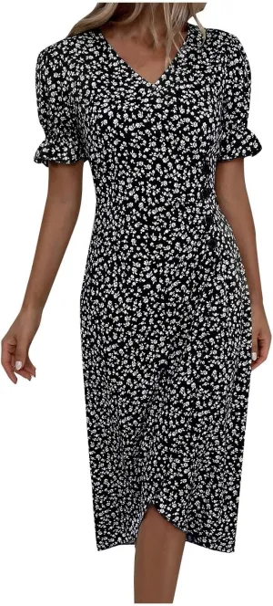 Beach Dresses for Women,2025 Spring Trendy Floral Boho Dress,Elegant V Neck Short Sleeve Irregular Hem Midi Dress