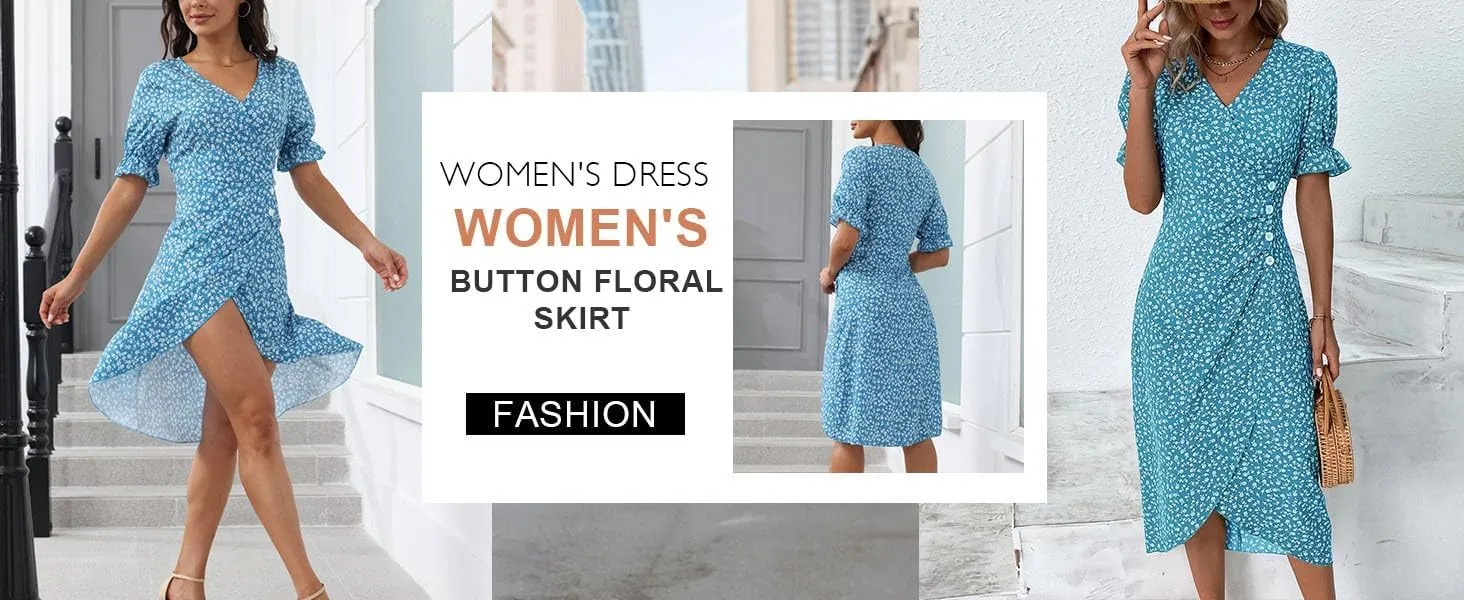 Beach Dresses for Women,2025 Spring Trendy Floral Boho Dress,Elegant V Neck Short Sleeve Irregular Hem Midi Dress