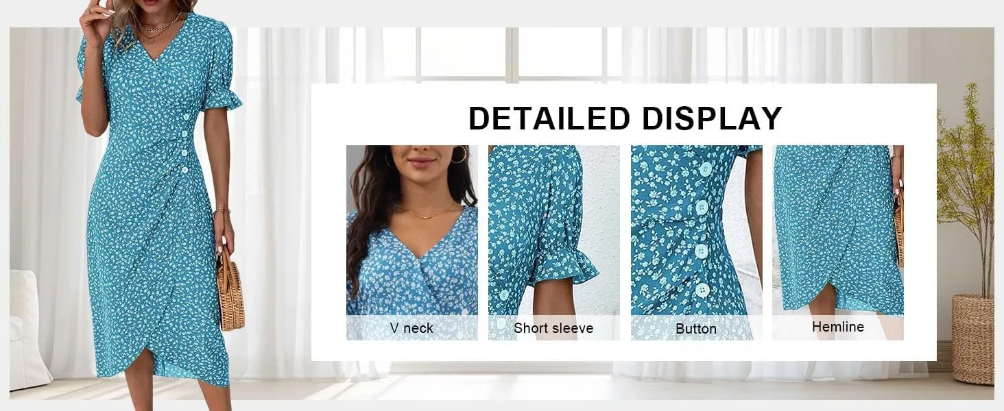 Beach Dresses for Women,2025 Spring Trendy Floral Boho Dress,Elegant V Neck Short Sleeve Irregular Hem Midi Dress