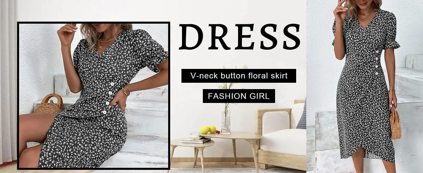 Beach Dresses for Women,2025 Spring Trendy Floral Boho Dress,Elegant V Neck Short Sleeve Irregular Hem Midi Dress