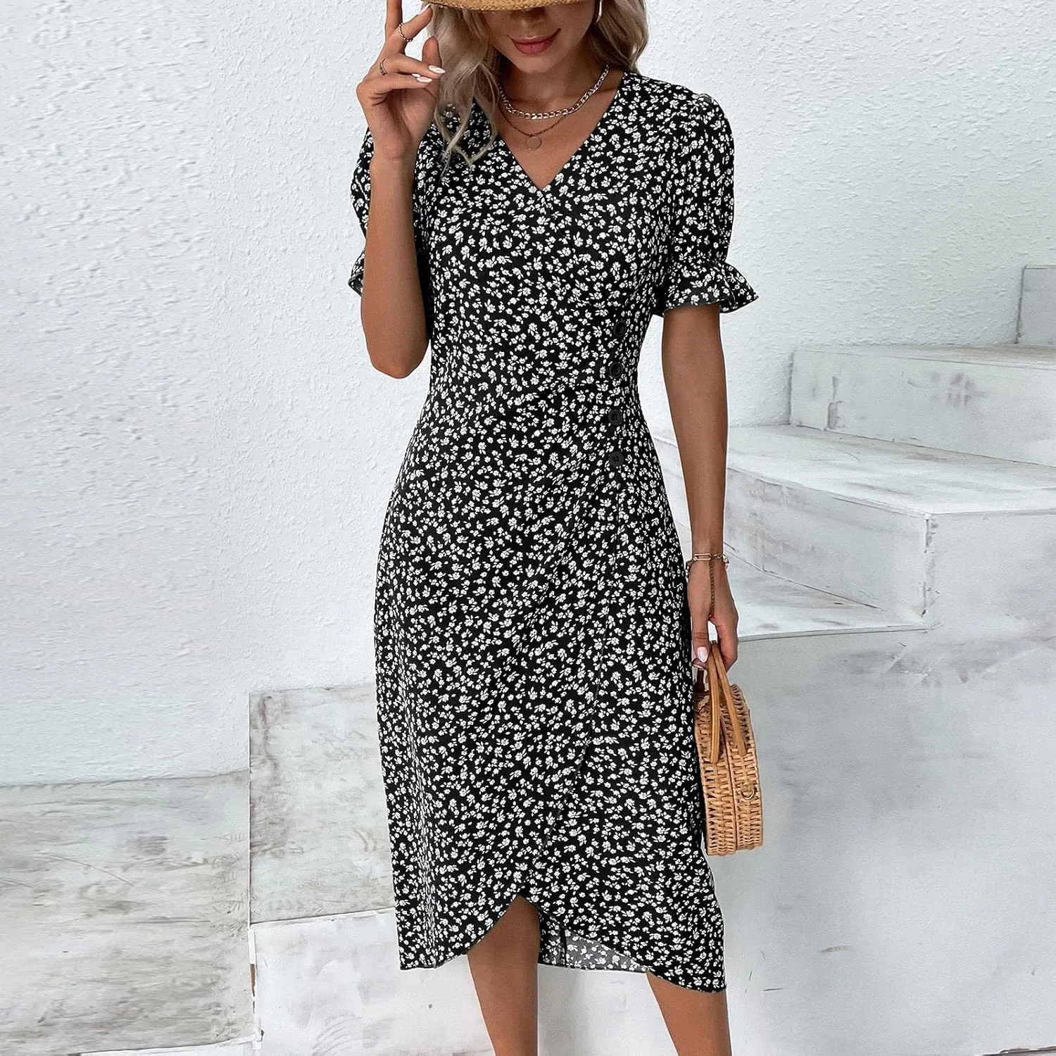 Beach Dresses for Women,2025 Spring Trendy Floral Boho Dress,Elegant V Neck Short Sleeve Irregular Hem Midi Dress