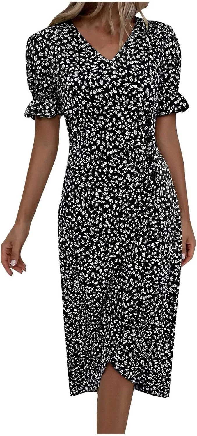 Beach Dresses for Women,2025 Spring Trendy Floral Boho Dress,Elegant V Neck Short Sleeve Irregular Hem Midi Dress