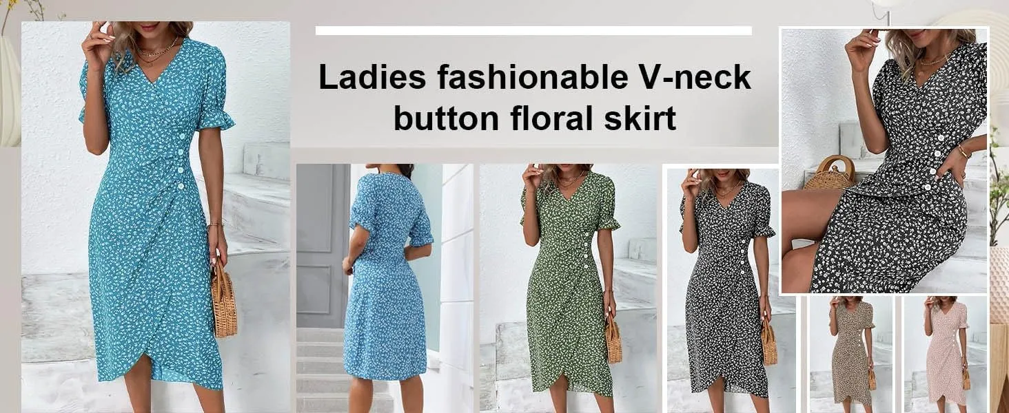Beach Dresses for Women,2025 Spring Trendy Floral Boho Dress,Elegant V Neck Short Sleeve Irregular Hem Midi Dress