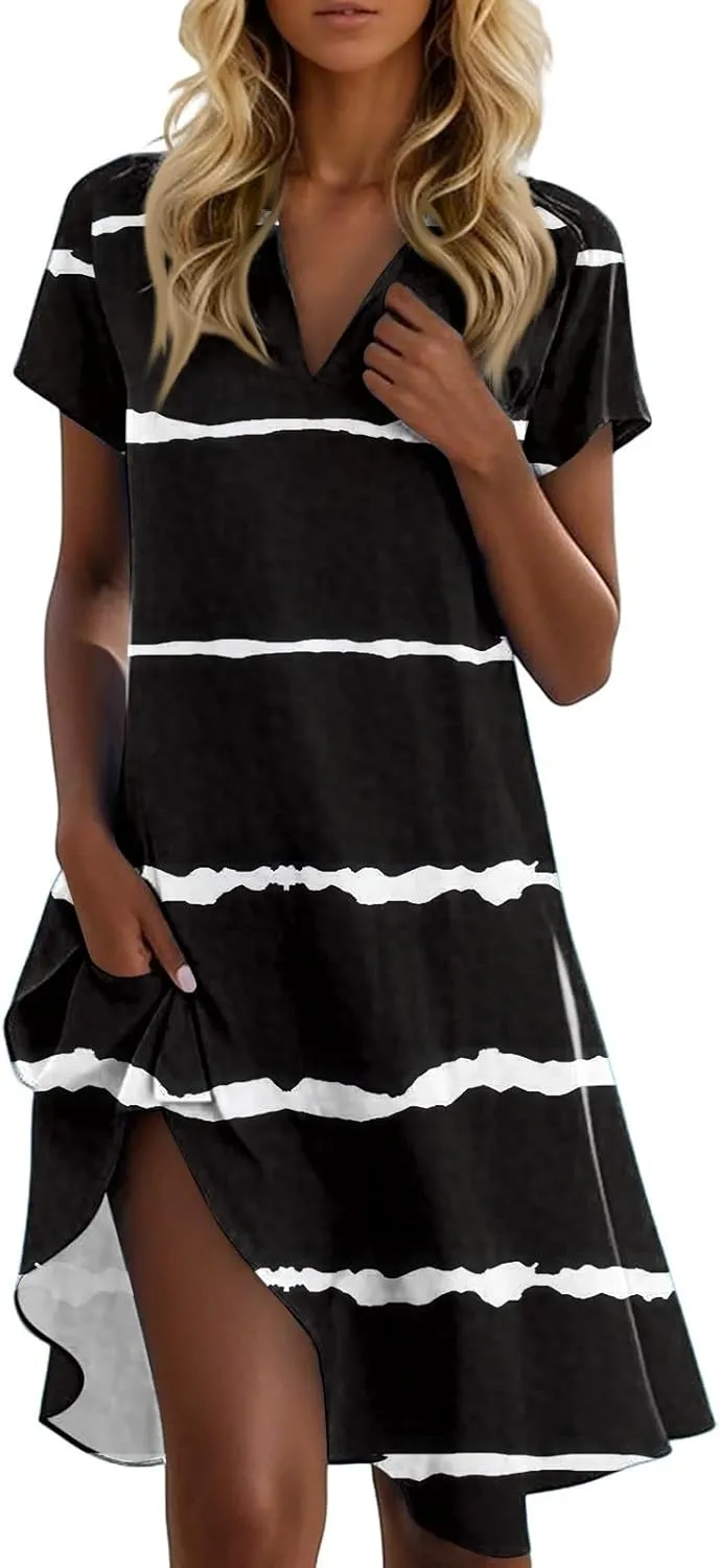 Beach Dresses for Women,2025 Summer Trendy Floral Print Boho Vacation Dress,Casual Short Sleeve Flowy Midi Dress