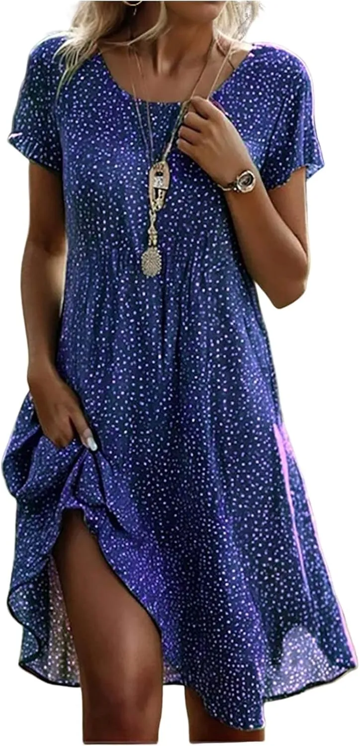 Boho Dresses for Women 2025 Summer Floral Print Short Sleeve Midi Dress Casual Loose A Line Beach Sun Dresses with Pockets