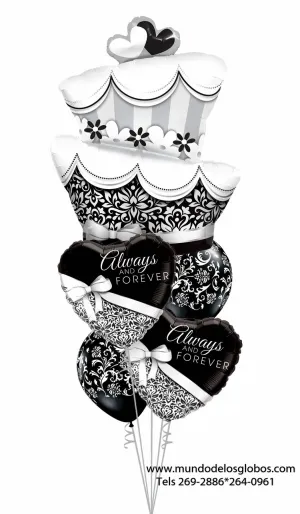 Bouquet con Pastel de Boda Gigante, Corazones Always & Forever y Globos Negros