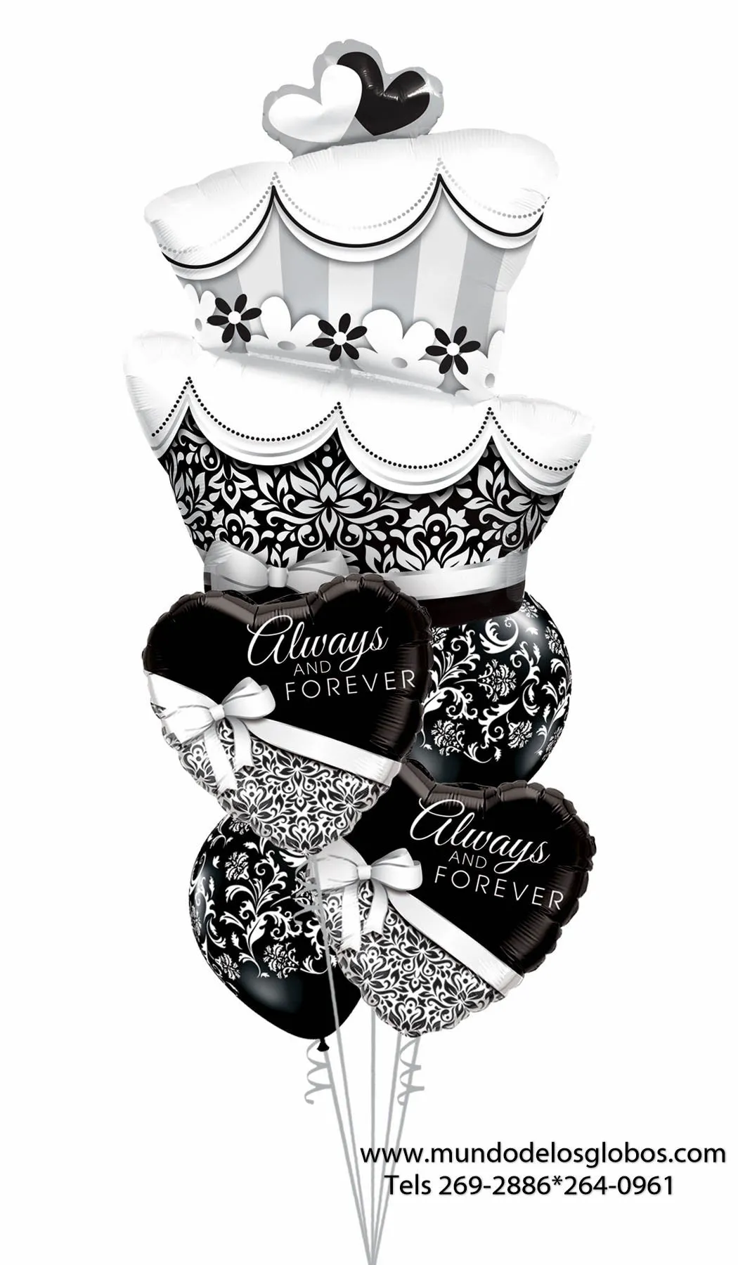 Bouquet con Pastel de Boda Gigante, Corazones Always & Forever y Globos Negros