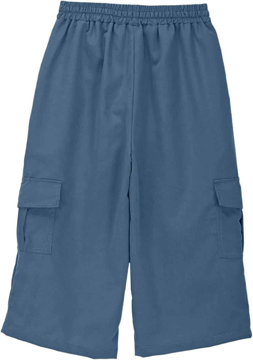 Boys 3/4 Cargo Pants Straight Wide Leg Elastic High Waisted Trousers Solid Color Casual Y2k Streetwear