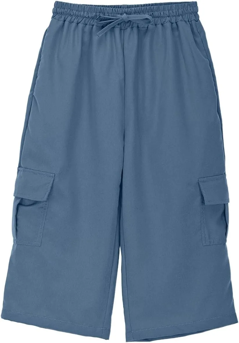 Boys 3/4 Cargo Pants Straight Wide Leg Elastic High Waisted Trousers Solid Color Casual Y2k Streetwear