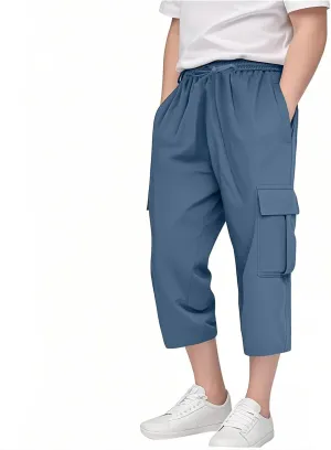 Boys 3/4 Cargo Pants Straight Wide Leg Elastic High Waisted Trousers Solid Color Casual Y2k Streetwear
