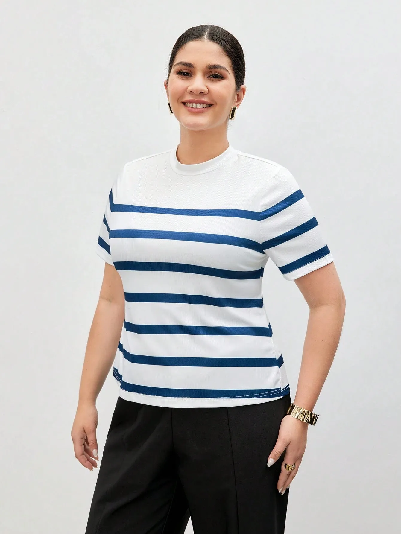 Camiseta De Malha Listrada Plus Size - Destiny