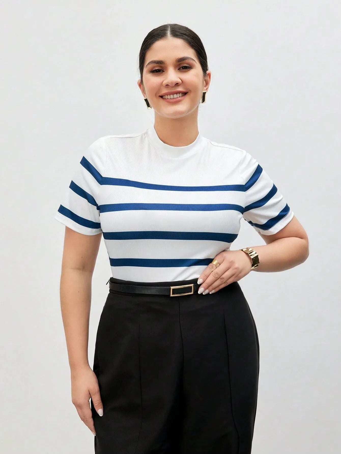 Camiseta De Malha Listrada Plus Size - Destiny