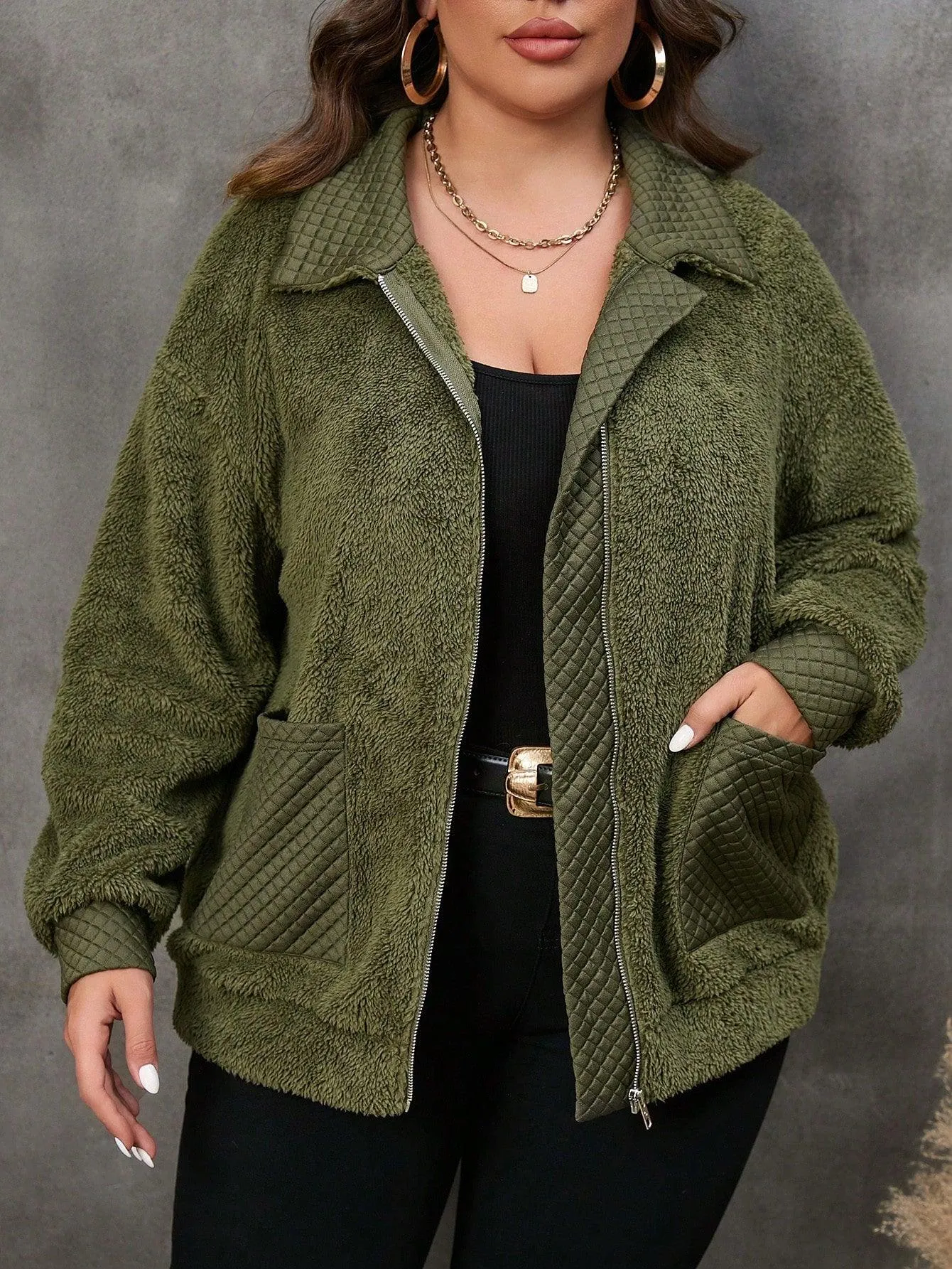 Casaco Flanelado De Bolso Duplo Plus Size - Hana