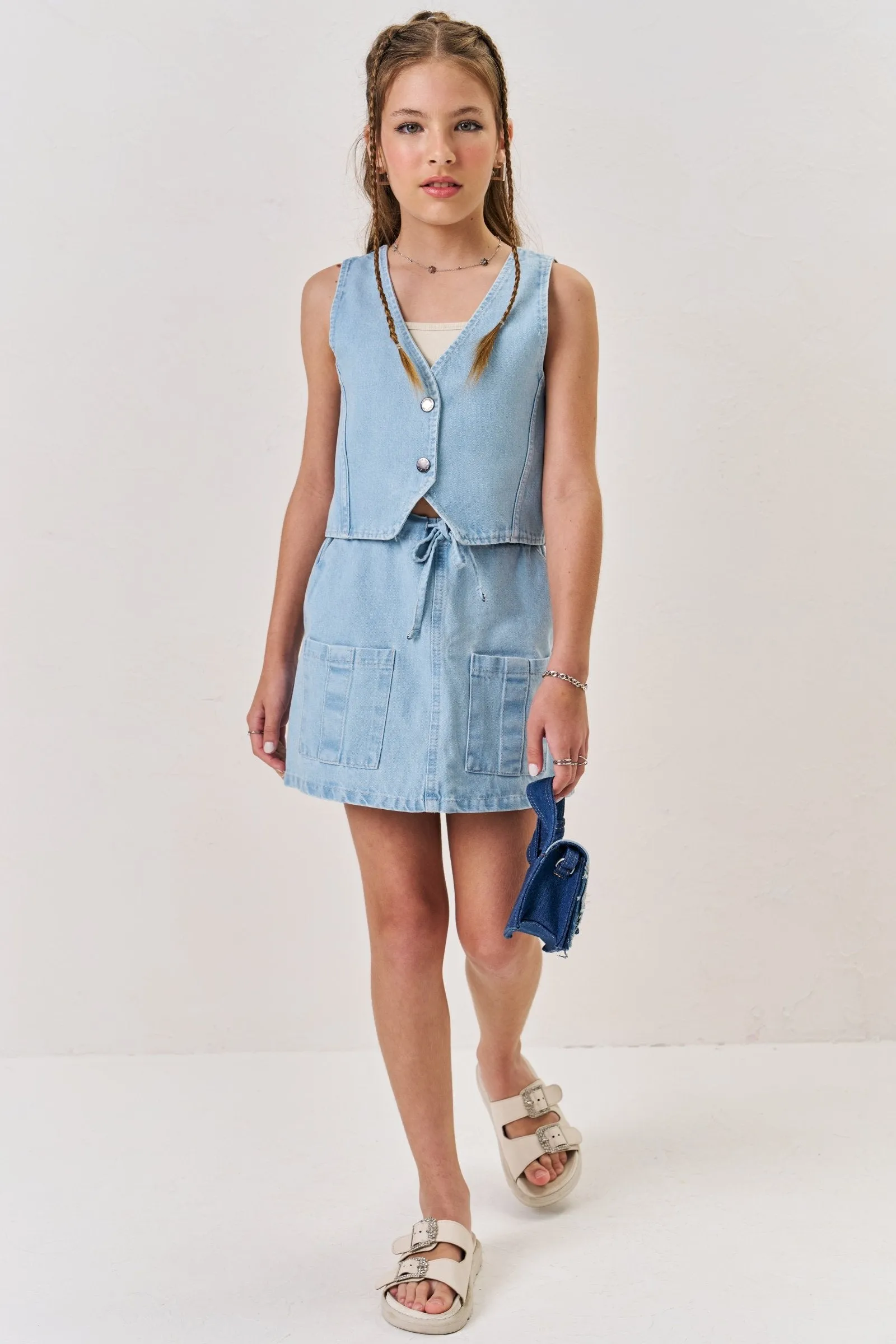 Conjunto de Colete e Saia em Jeans Arkansas 73994 Vic&Vicky