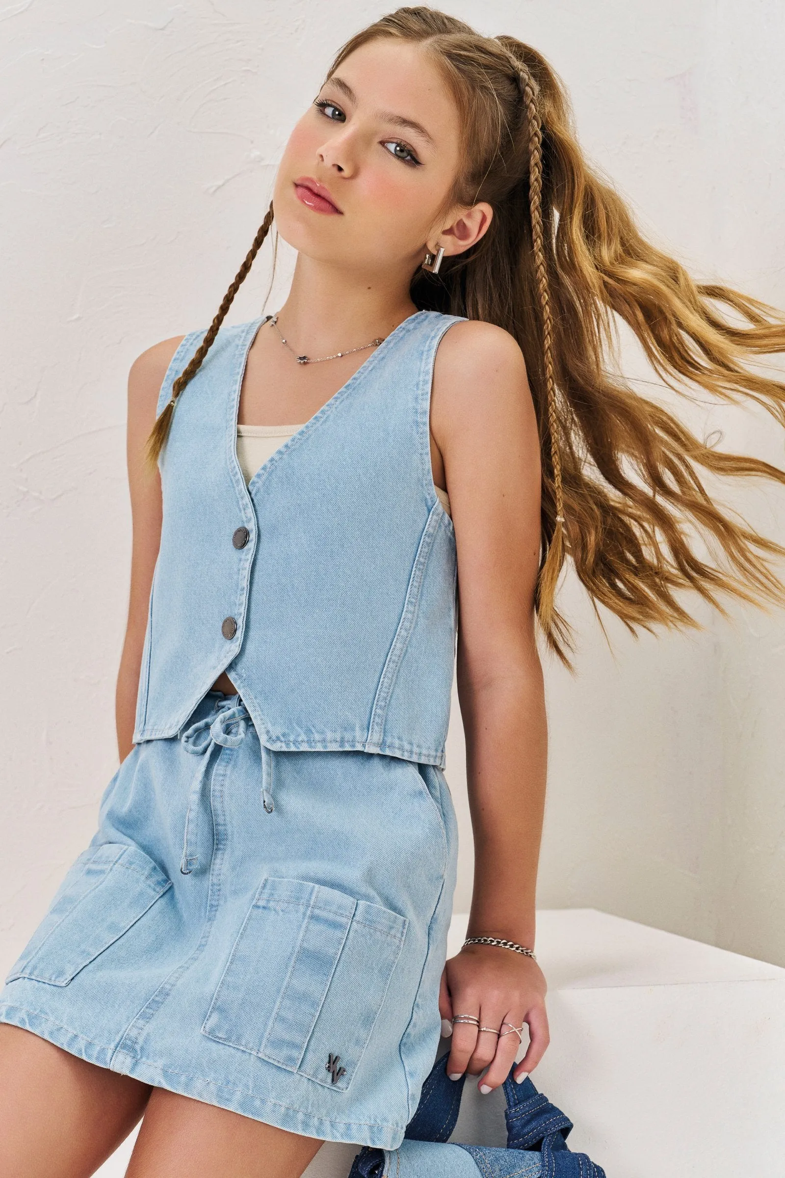 Conjunto de Colete e Saia em Jeans Arkansas 73994 Vic&Vicky