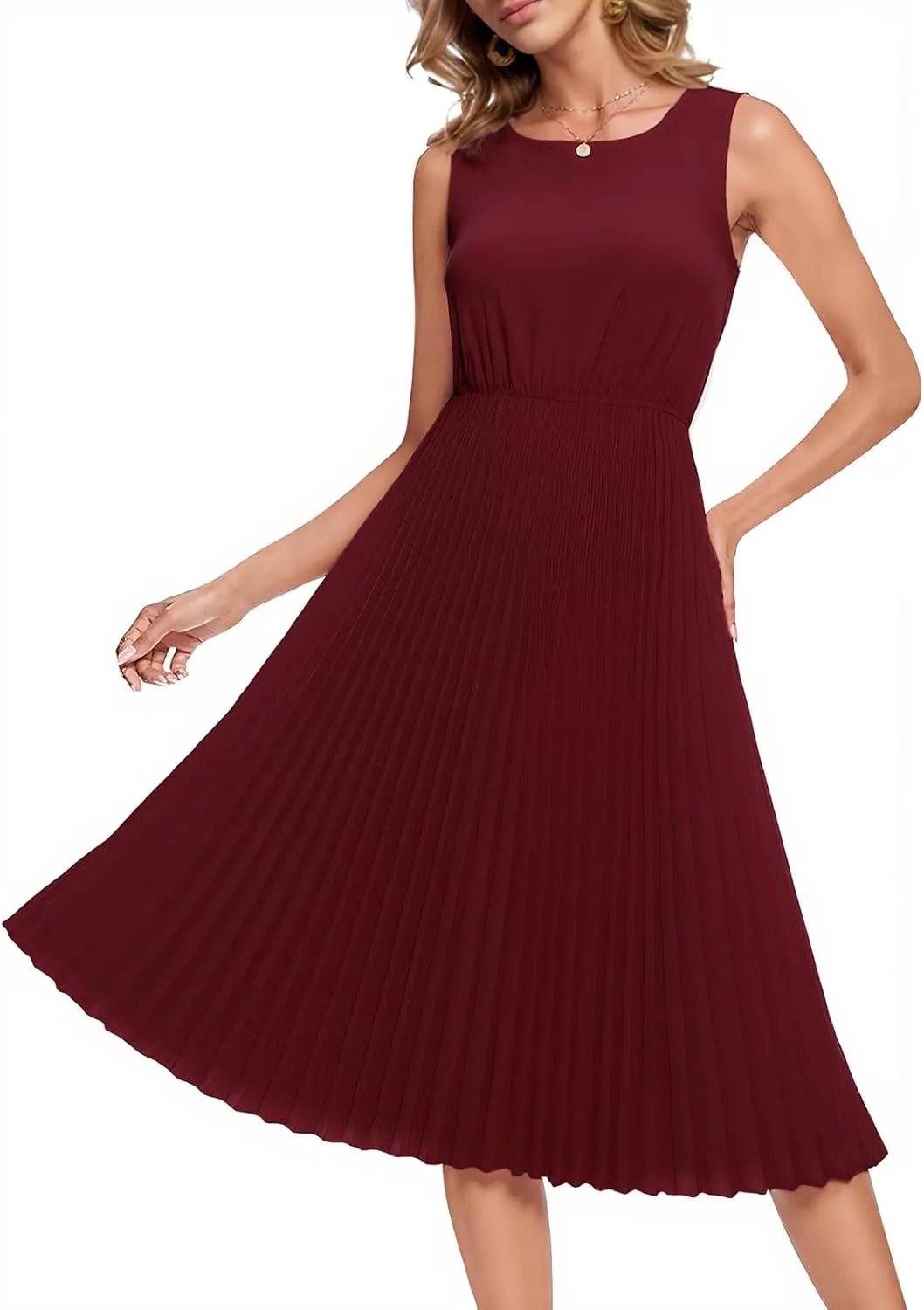 DRESSTELLS Women's Summer Sleeveless Midi Pleated Cocktail Dress for Wedding Guest Casual&Business Work