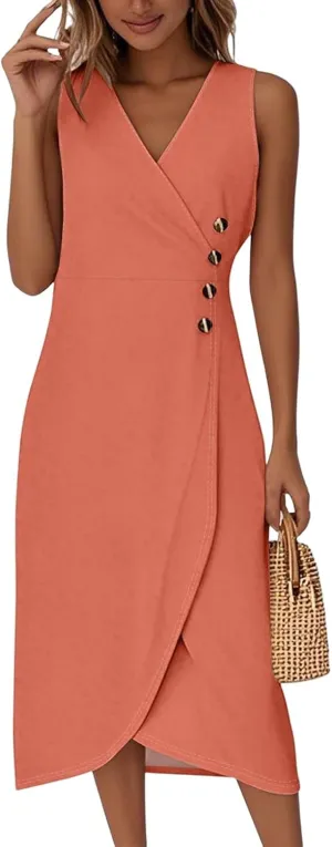 Fancy Dresses for Women 2025 Elegant Sleeveless Tank V Neck Button Semi-Formal Wrap Dress Work Office,S-2XL