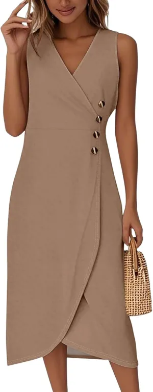 Fancy Dresses for Women 2025 Elegant Sleeveless Tank V Neck Button Semi-Formal Wrap Dress Work Office,S-2XL