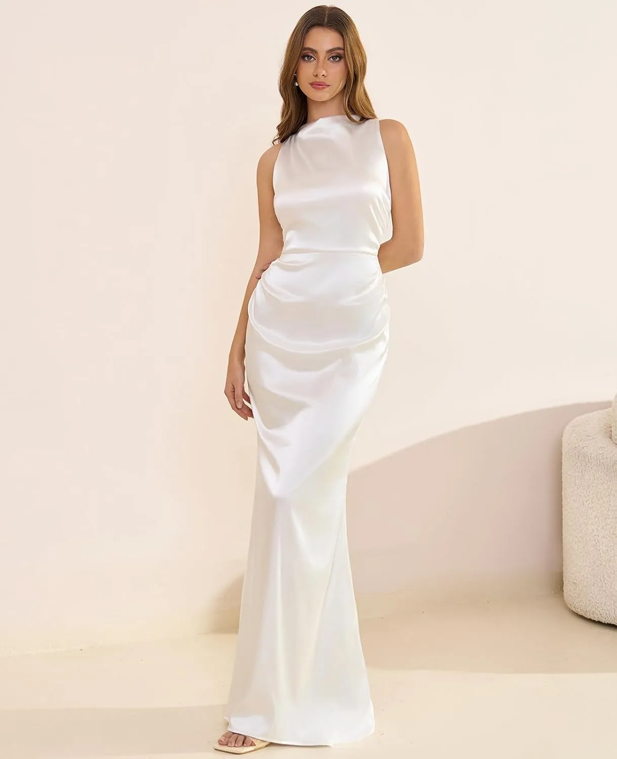 GLNEGE Women's Satin Mock Neck Maxi Formal Dresses Elegant Sleeveless Backless Wedding Guest Evening Party Dress