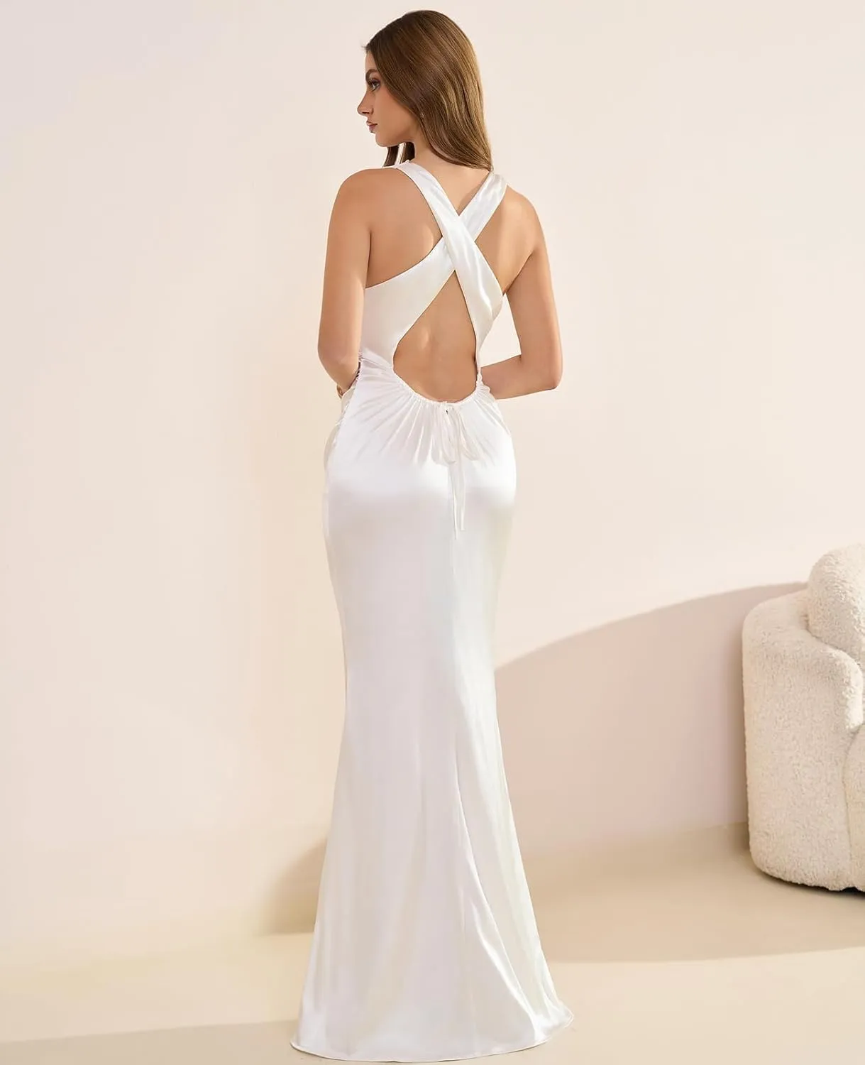 GLNEGE Women's Satin Mock Neck Maxi Formal Dresses Elegant Sleeveless Backless Wedding Guest Evening Party Dress