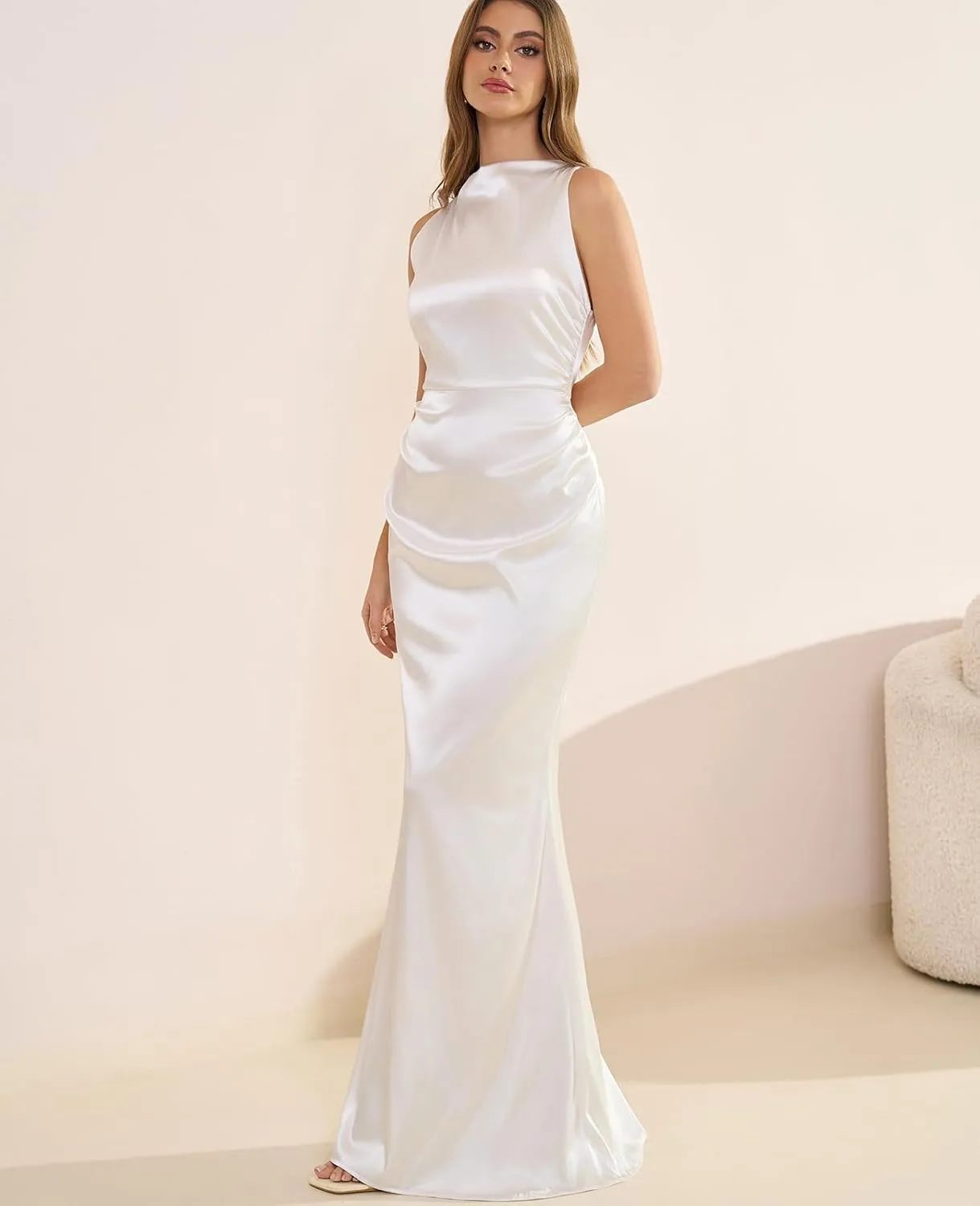 GLNEGE Women's Satin Mock Neck Maxi Formal Dresses Elegant Sleeveless Backless Wedding Guest Evening Party Dress