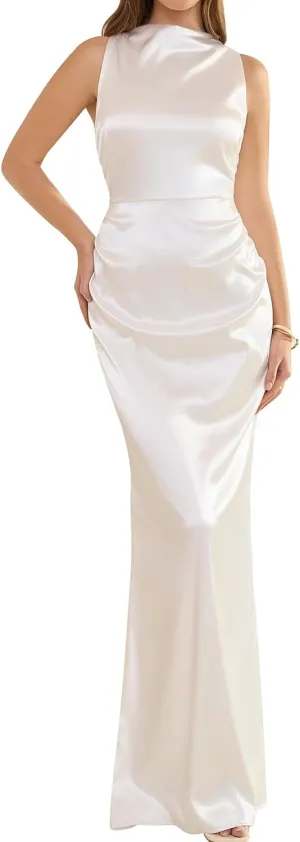 GLNEGE Women's Satin Mock Neck Maxi Formal Dresses Elegant Sleeveless Backless Wedding Guest Evening Party Dress