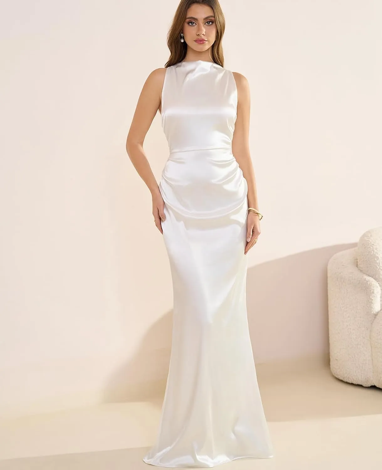 GLNEGE Women's Satin Mock Neck Maxi Formal Dresses Elegant Sleeveless Backless Wedding Guest Evening Party Dress