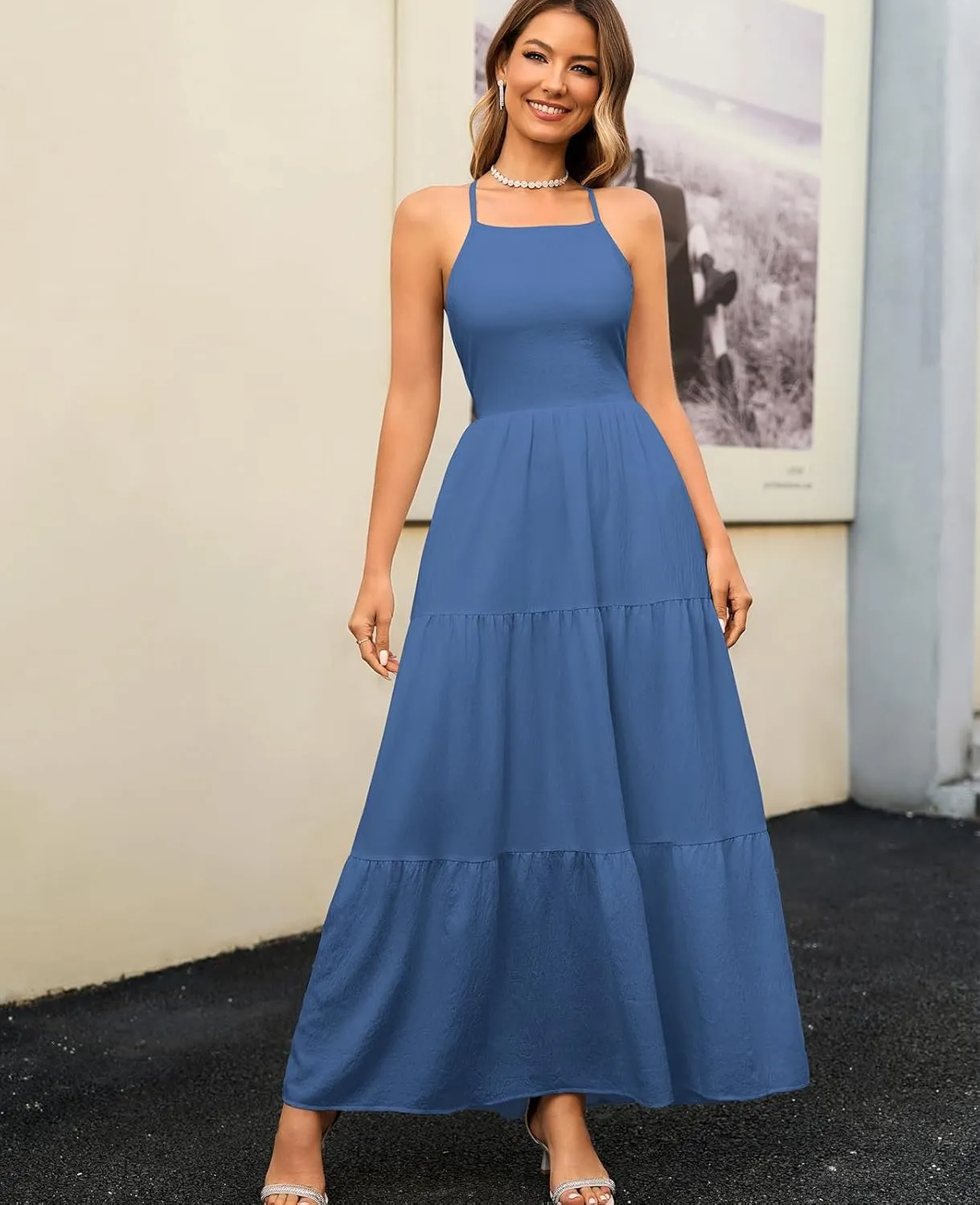 GLNEGE Women's Summer Boho Long Dresses Spaghetti Backless Lace Up Beach Dress Vacation Flowy Sundresses 2025