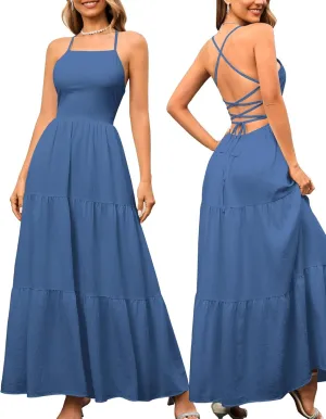 GLNEGE Women's Summer Boho Long Dresses Spaghetti Backless Lace Up Beach Dress Vacation Flowy Sundresses 2025