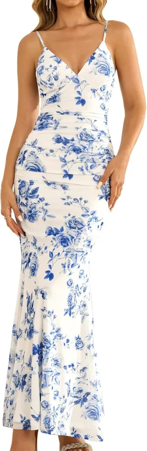 GLNEGE Women's Summer Floral Bodycon Maxi Dress Elegant Spaghetti Strap V Neck Sleeveless Formal Wedding Guest Dresses