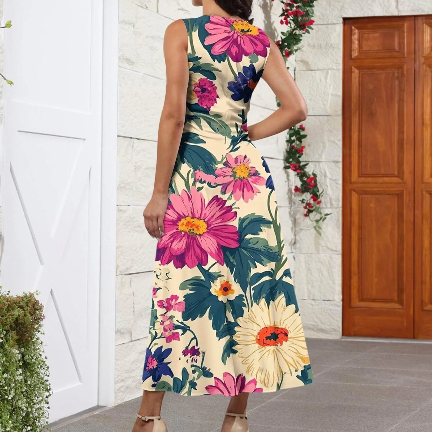 Hawaiian Dresses for Women Luau Party Summer Floral Sleeveless Sundress Sexy V Neck Cinched Waist Long Dress