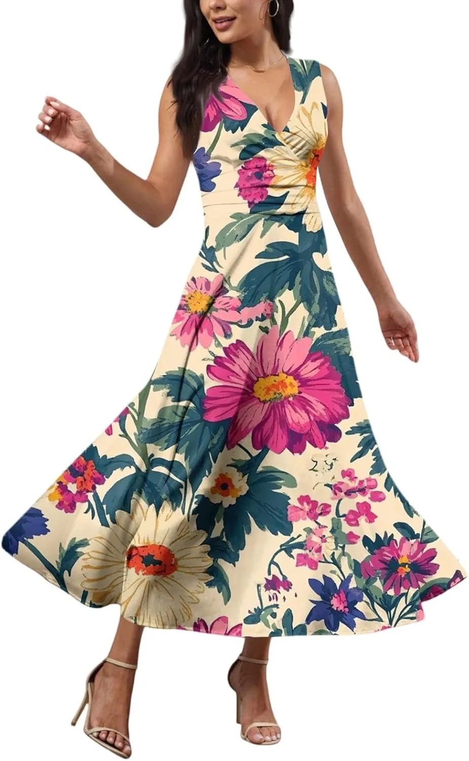 Hawaiian Dresses for Women Luau Party Summer Floral Sleeveless Sundress Sexy V Neck Cinched Waist Long Dress