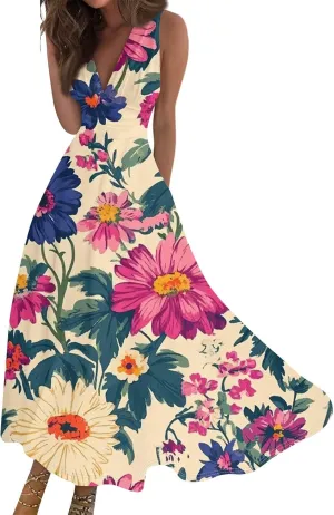 Hawaiian Dresses for Women Luau Party Summer Floral Sleeveless Sundress Sexy V Neck Cinched Waist Long Dress