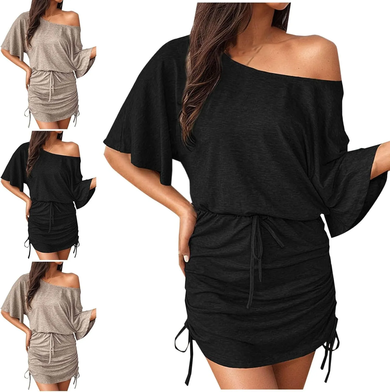 HGps8w Off The Shoulder Tshirt Dresses for Women - Chic Drawstring Side Ruched Bodycon Casual Summer Short Sleeve Mini Dress