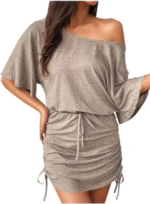 HGps8w Off The Shoulder Tshirt Dresses for Women - Chic Drawstring Side Ruched Bodycon Casual Summer Short Sleeve Mini Dress