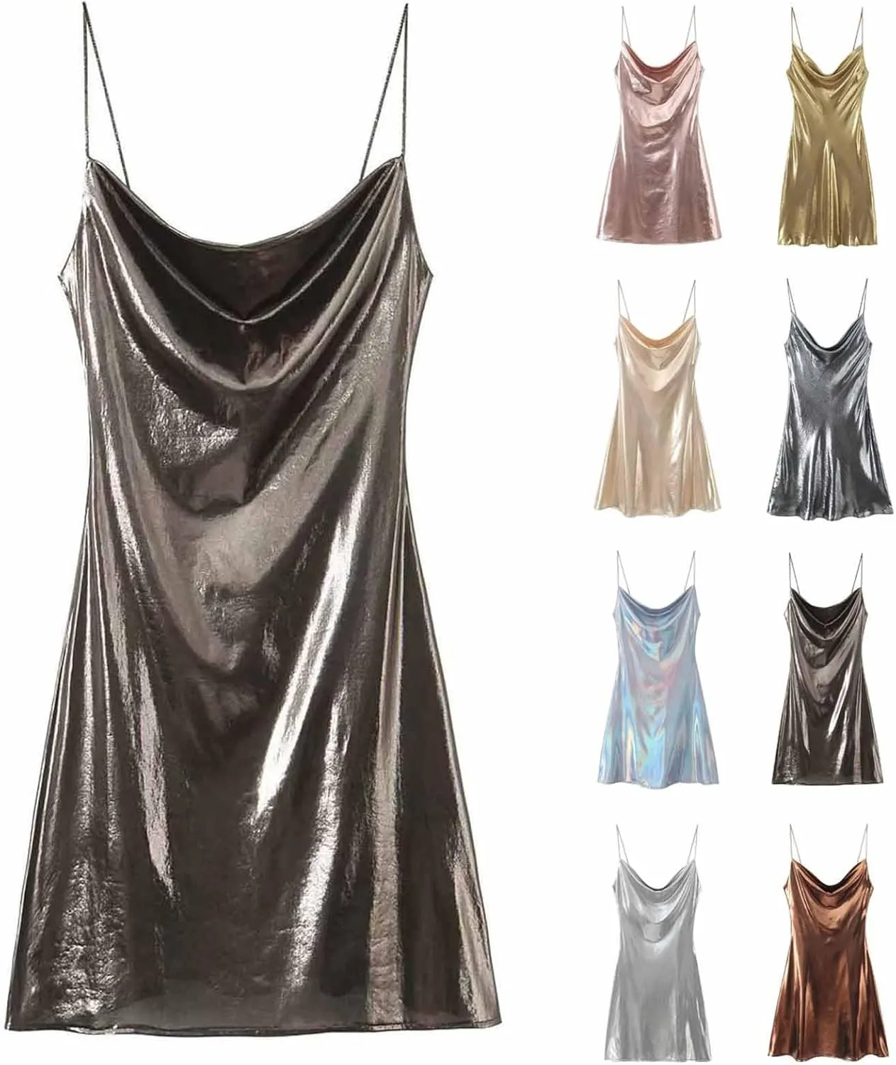 HGps8w Women's Sexy Backless Metallic Cami Clubwear Dresses Spaghetti Strap Sleeveless Cowl Neck Party Cocktail Mini Dress