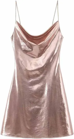 HGps8w Women's Sexy Backless Metallic Cami Clubwear Dresses Spaghetti Strap Sleeveless Cowl Neck Party Cocktail Mini Dress