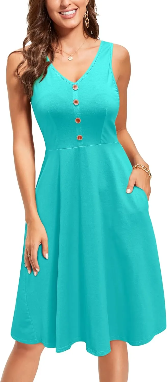 II ININ Women's 2025 Sundresses Casual Summer Tank Dress V Neck Sleeveless Button Down Midi Floral Beach Dress with Pockets