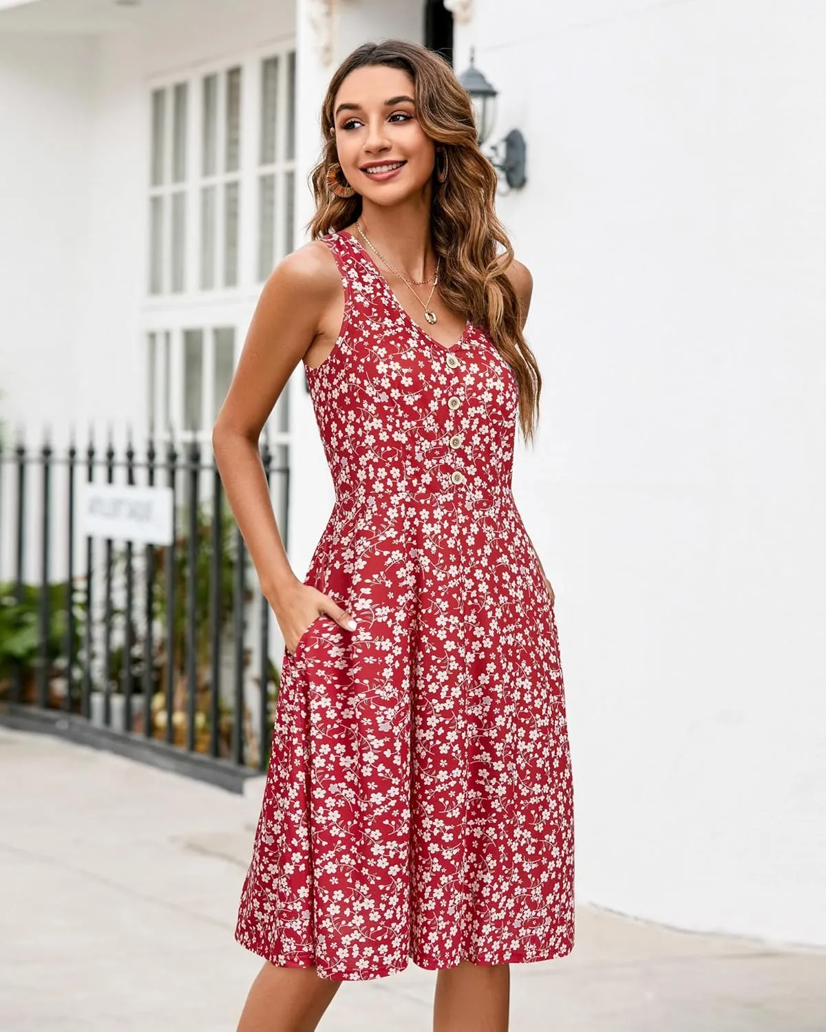 II ININ Women's 2025 Sundresses Casual Summer Tank Dress V Neck Sleeveless Button Down Midi Floral Beach Dress with Pockets
