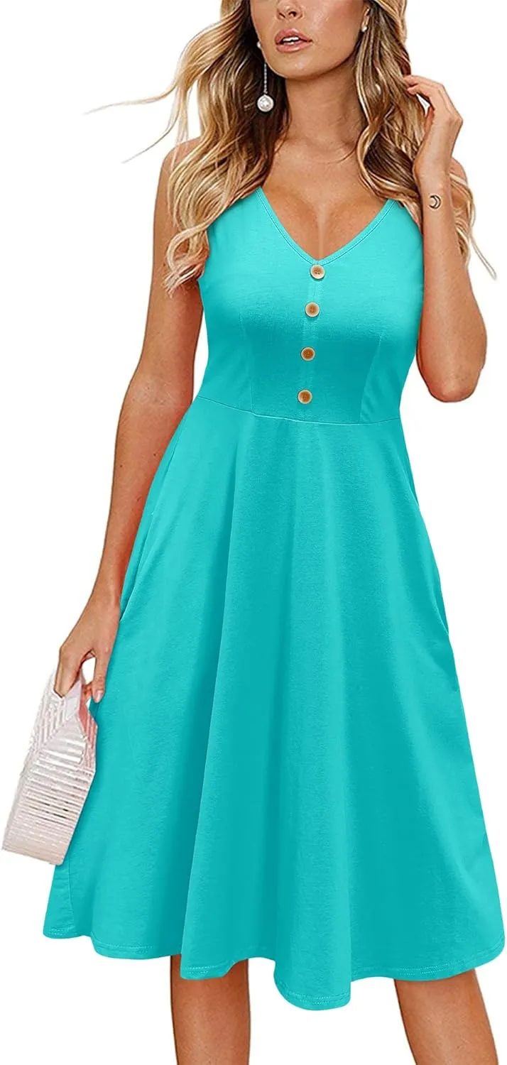 II ININ Women's 2025 Sundresses Casual Summer Tank Dress V Neck Sleeveless Button Down Midi Floral Beach Dress with Pockets